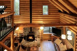 eine Aussicht auf einen Kamin in einem Blockhaus in der Unterkunft Eagles Nest - Natural Log Cabin with Guest House in Idyllwild