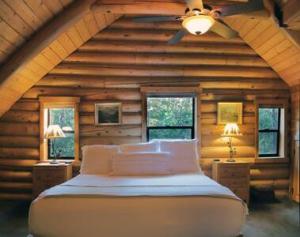 a bedroom with a bed in a log cabin at Eagles Nest - Natural Log Cabin with Guest House in Idyllwild