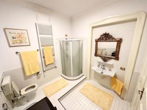 La salle de bains blanche est pourvue de toilettes et d'un lavabo. dans l'établissement Premium Timisoara, à Timişoara