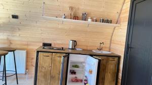 una pequeña cocina con nevera y fregadero en view, en Kazbegi
