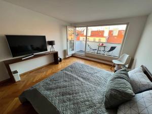 1 dormitorio con 1 cama y TV de pantalla plana en Lovely large flat in historic building, balcony, parking, en Praga