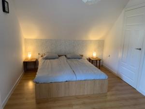 a bedroom with a bed and two lamps on two tables at Dunajec Home in Chełmiec