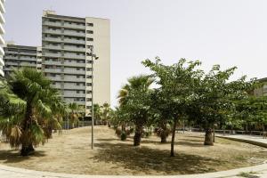 a park with palm trees and a tall building at Sunsets and the pool in Barcelona in Cornellà de Llobregat
