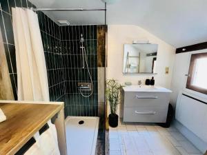a bathroom with a sink and a toilet and a shower at Le Cottage des Chalands in Saint-Georges-sur-Cher