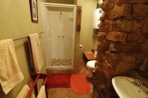 een stenen badkamer met een douche en een wastafel bij Paardeplaats Nature Retreat in Rhenosterhoek