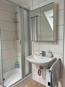 a white bathroom with a sink and a shower at Gemütliche Stadtoase in Weingarten