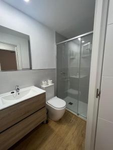 een badkamer met een wastafel, een toilet en een douche bij Casa centro old town in Estepona