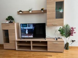 un televisore in un centro di intrattenimento in legno in un soggiorno di Aparment sierra Guadalupe a Madrid