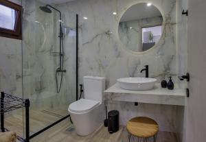 a bathroom with a toilet and a sink and a shower at Pap's Lab Apartments in Heraklio