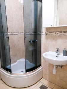 een badkamer met een douche en een wastafel bij CityMo in Mostar