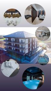 a collage of four pictures of a building at Etno Selo Moravski Konaci in Velika Plana