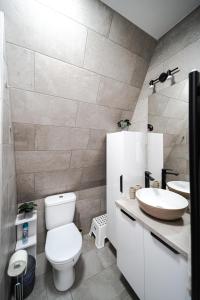 a bathroom with a white toilet and a sink at Volenter Lux Duna Spa in Baja