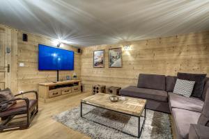 een woonkamer met een bank en een tv bij Chalet Planards 2 in Chamonix-Mont-Blanc