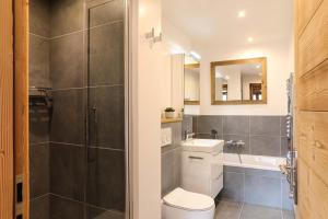 e bagno con doccia, servizi igienici e lavandino. di Le Brevent 1 Apartment a Chamonix-Mont-Blanc