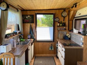 a small kitchen with a sink and a window at Tiny House Anneliese Hunde okay in Oberbettingen