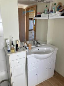uma casa de banho com um lavatório branco e um espelho. em Tiny House Anneliese Hunde okay em Oberbettingen