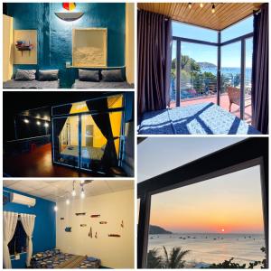 eine Collage mit Fotos eines Zimmers mit Blick auf den Strand in der Unterkunft Cá Mặn Homestay in Quy Nhon