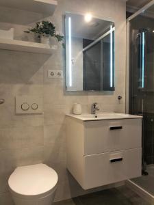 een badkamer met een toilet, een wastafel en een spiegel bij Apartamento Virgen del Carmen in Santoña