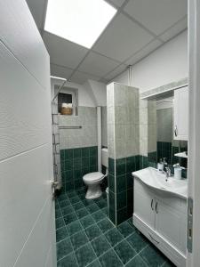 a green and white bathroom with a toilet and sink at Green Apartment in Strumica +20 photos