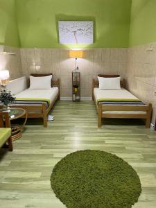 a room with two beds and a green wall at Green Apartment in Strumica