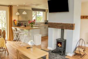 a living room with a wood stove in a kitchen at Edge View Cottage in Church Stretton