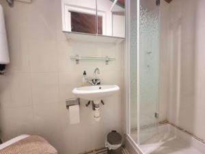Un baño blanco con lavabo y ducha. en Chalet spacieux 10 pers, 4 chambres, jardin, cheminée, animaux OK, ménage fin séjour option - FR-1-393-38, en Saint-Michel-de-Chaillol 8 fotos más