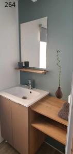 W łazience znajduje się umywalka i lustro. w obiekcie davorel mobil home w mieście Les Mathes