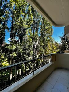 a balcony with a railing with trees in the background at Eva beach hotel in Nydri