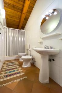 a bathroom with a sink and a toilet and a mirror at Feudo Tudia in Landro