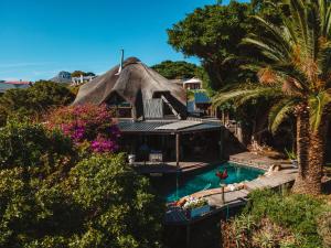 an aerial view of a thatched house with a swimming pool at Treetops Cottage in Cape Town