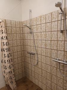 een badkamer met een douche en een tegelwand bij Sigerslevhus Stevns Klint in Store Heddinge