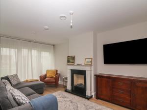 a living room with a tv and a couch and a fireplace at 19A Lighthouse Village in Fenit