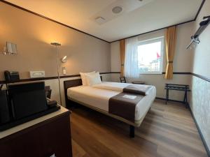 ein Hotelzimmer mit einem Bett und einem TV in der Unterkunft Toyoko Inn Frankfurt am Main Hauptbahnhof in Frankfurt am Main