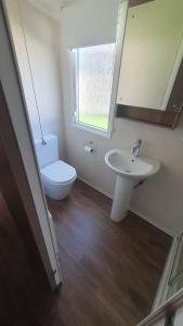 a bathroom with a toilet and a sink and a mirror at Caravan 66 Kensington at Marton Mere Holiday Park Blackpool in Blackpool