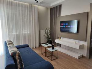 a living room with a blue couch and a tv at Luxury Apartments Deskati A1 
