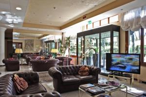 a lobby with couches and a flat screen tv at Hotel Terme Salvarola in Sassuolo