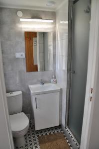een badkamer met een toilet, een wastafel en een spiegel bij Agroturystyka u Hani in Wola Niżna