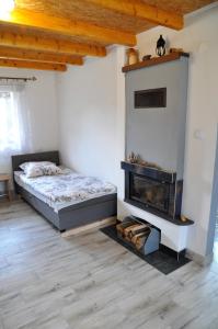 een slaapkamer met een bed en een open haard bij Agroturystyka u Hani in Wola Niżna