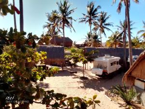 un camion bianco parcheggiato in un cortile con palme di Barra Dica - CAMPING a Inhambane