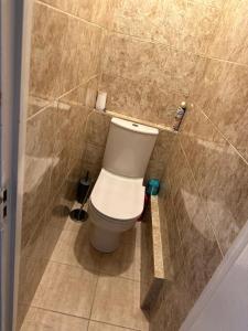 a bathroom with a toilet in a tiled room at Cosy 2 Bedroom Apartment in South West London in London