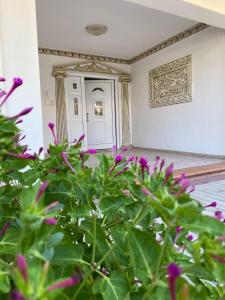 a plant with purple flowers in front of a door at Roula apartment in Nei Poroi