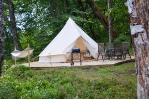 a tent with a picnic table and a hammock at Glamping Bolmen, Seaview, free canoe in Odensjö