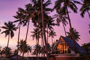 a house surrounded by palm trees at sunset at Zostel Varkala in Varkala