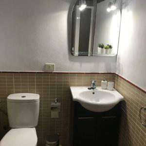 een badkamer met een toilet, een wastafel en een spiegel bij Mirador del Atlántico - Aptos Tosca in Puerto de la Cruz