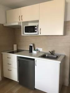 een kleine keuken met een spoelbak en een magnetron bij Mirador del Atlántico - Aptos Tosca in Puerto de la Cruz