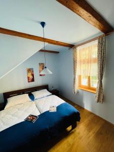 a bedroom with a bed with a blue blanket and a window at Apartmán U SMRKU in Dvůr Králové nad Labem