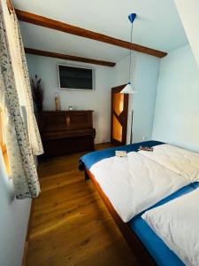 a bedroom with a bed and a tv on the wall at Apartmán U SMRKU in Dvůr Králové nad Labem