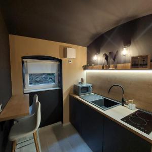 een kleine keuken met een wastafel en een aanrecht bij HOME in BLACK, designer decorated in Zagreb