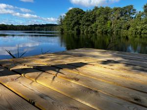 ein Holzsteg auf einem See mit Bäumen im Hintergrund in der Unterkunft Hallands Equestrian Center in Laholm