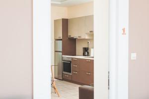 a kitchen with brown cabinets and a stove top oven at Plakoures Home in Kounoupidhianá